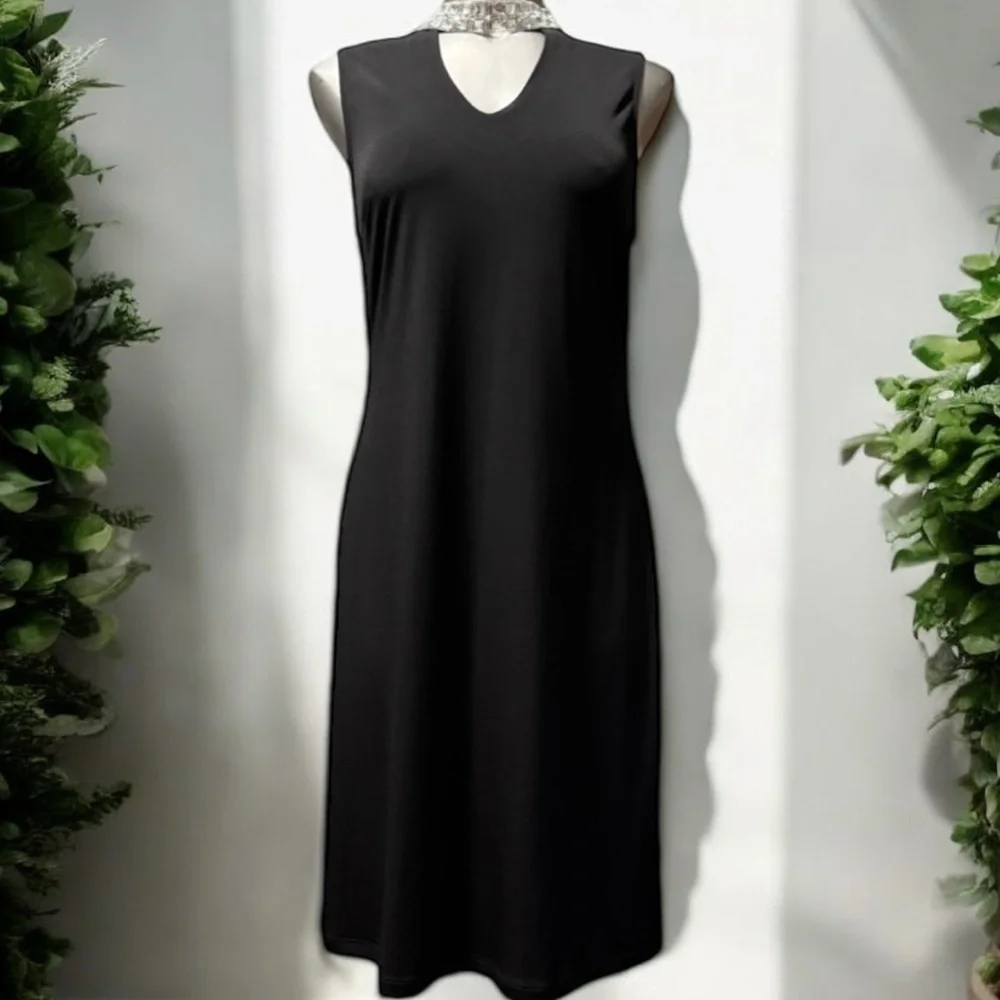2 for $30 | Black Midi Dress V-Neck with Embellished Collar - Picture 3 of 15